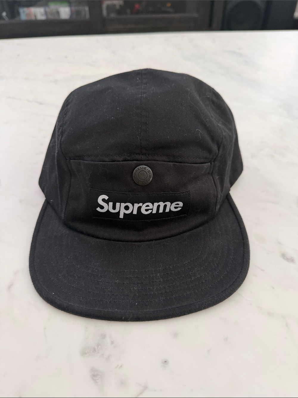 Supreme Black Canvas 5-Panel Cap with White Patch